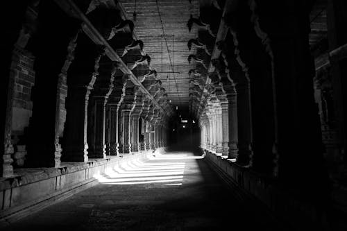 Grayscale Photo of Hallway