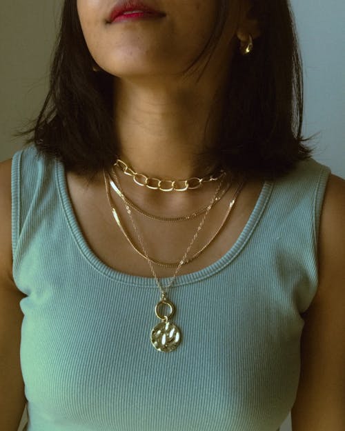 Necklaces on Neck of Brunette Woman