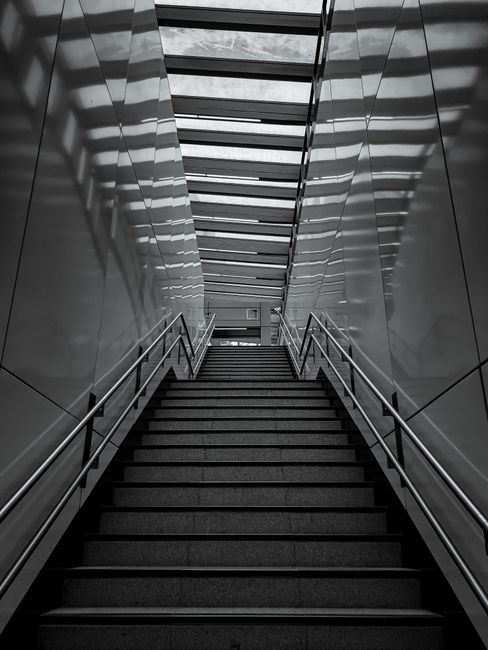 Dramatic black and white image of a modern interior staircase with skylight and reflective walls.