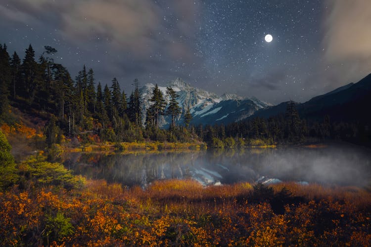 Stars And Moon Over Forest Around Lake Near Mountain At Night