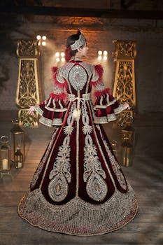 Intricate maroon and gold ornate wedding dress with traditional design and crown in Turkey.