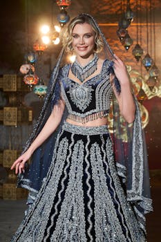 Stunning woman in embroidered dress posing in İzmir, emphasizing fashion and culture.