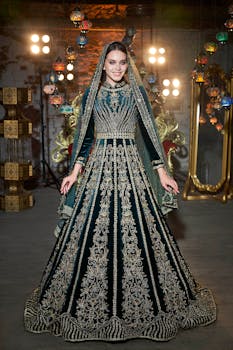 Model in an intricate caftan-style wedding dress posing gracefully in İzmir studio.