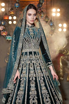 Stunning woman in a detailed embroidered caftan, capturing cultural elegance in Izmir