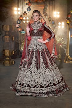 Stunning embroidered wedding gown with intricate designs in a vibrant cultural setting.