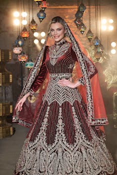 Captivating portrait of a bride in a richly embroidered traditional dress.