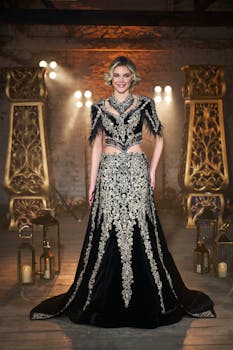 Stunning portrait of a woman in a decorative black gown with intricate gold patterns.