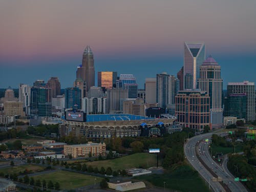 Cityscape with Skyscrapers and Bank of America Stadium in Charlotte, North Carolina, USA