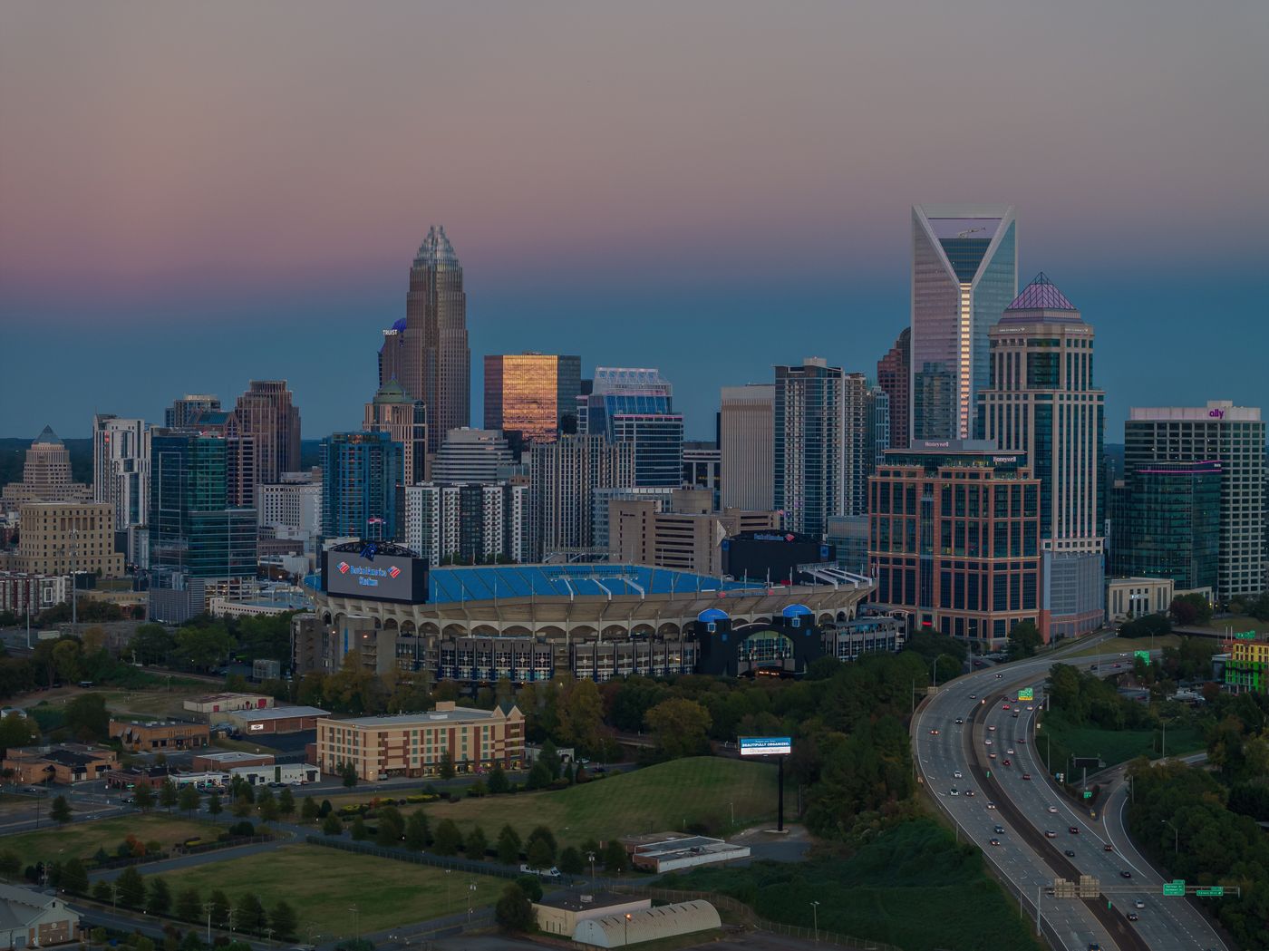 Aerial view of the Charlotte North Carolina skyline at dusk