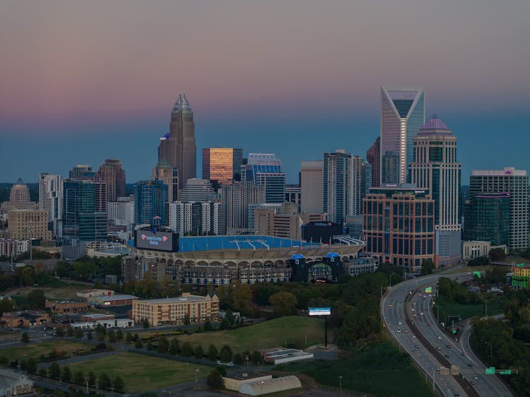 Cityscape With Skyscrapers And Bank Of America Stadium In Charlotte, North Carolina, USA