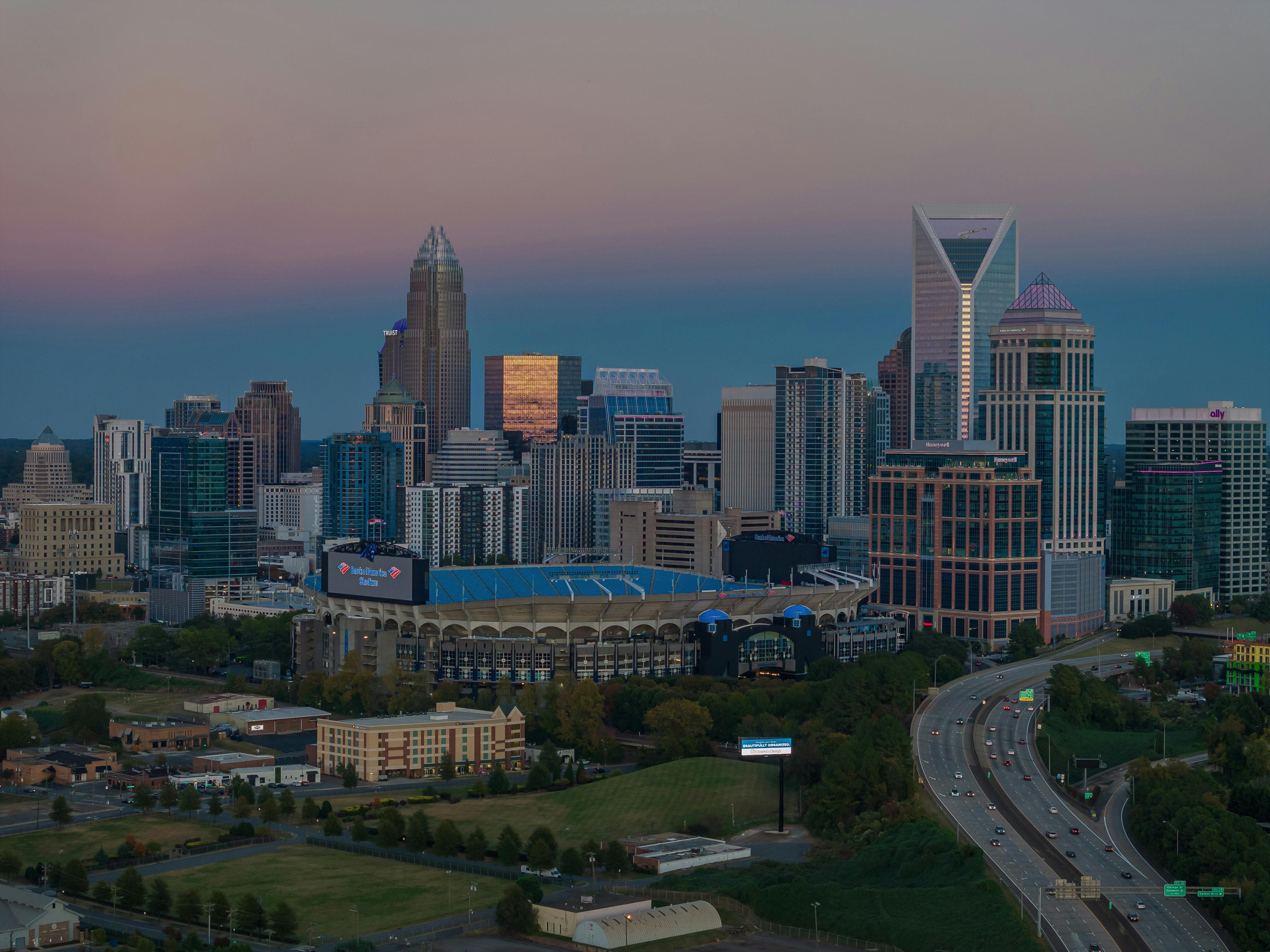 Free Cityscape with Skyscrapers and Bank of America Stadium in Charlotte, North Carolina, USA Stock Photo