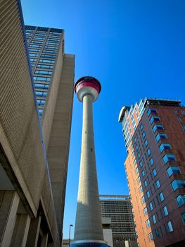 A towering view of Calgary Tower surrounded by modern skyscrapers under a clear blue sky.