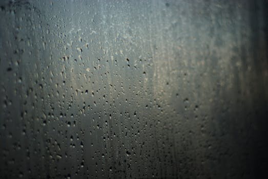 Close-up of raindrops on a window, showcasing the texture and mood of a rainy day.
