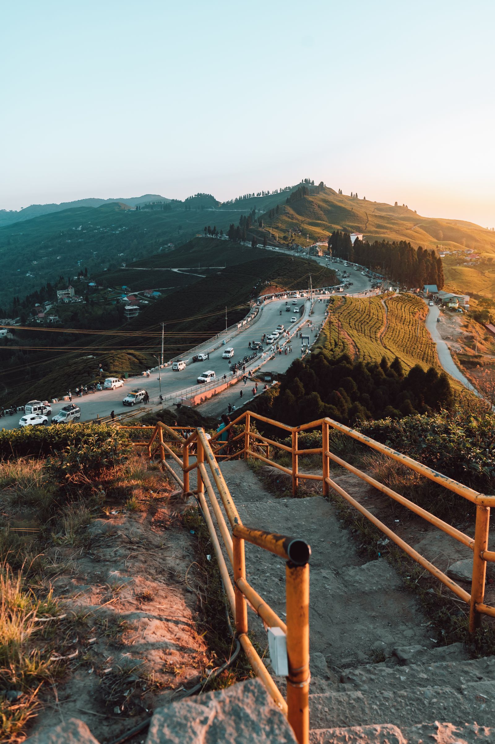 A road winding past tea slopes through the hills of Ilam in eastern Nepal, lit by the evening sun