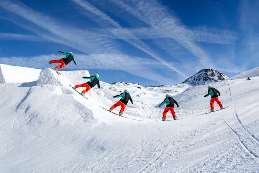 A snowboarder performing a sequence of tricks on a snowy slope against clear blue skies.