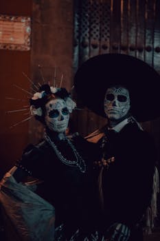 Two people during Dia de los Muertos in Puebla, Mexico, wearing traditional Catrina makeup and attire.