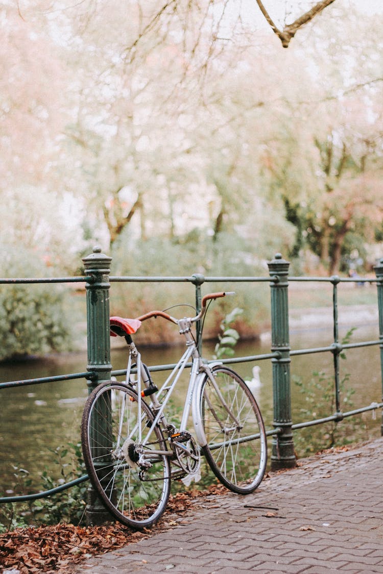 Bicycle Parked Under Barrier On River Bank