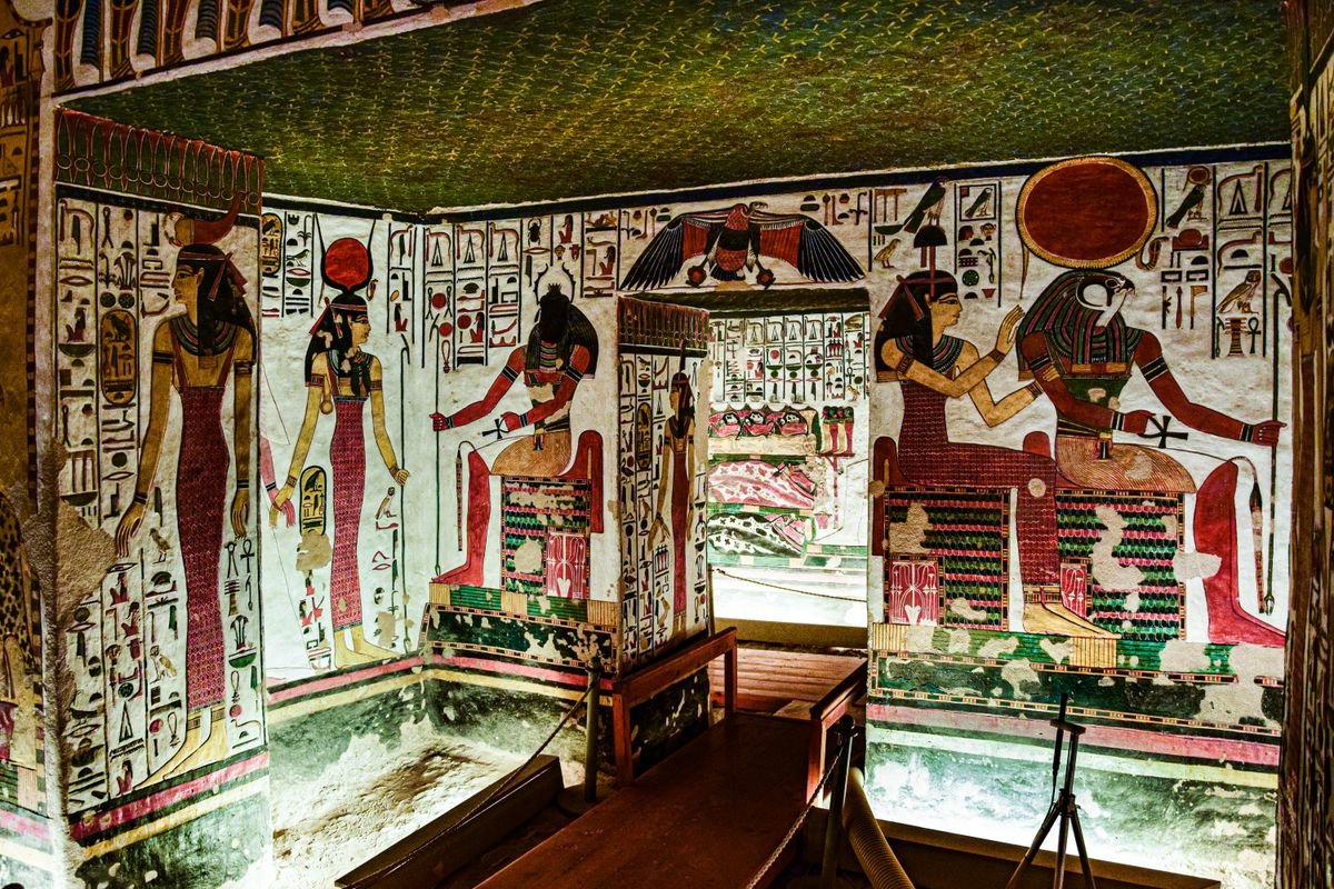 Facsimile of a painted tomb-chapel wall with offering scenes