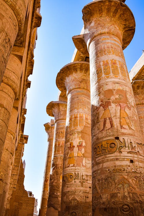 Ornamented Columns with Paintings in Karnak Temple