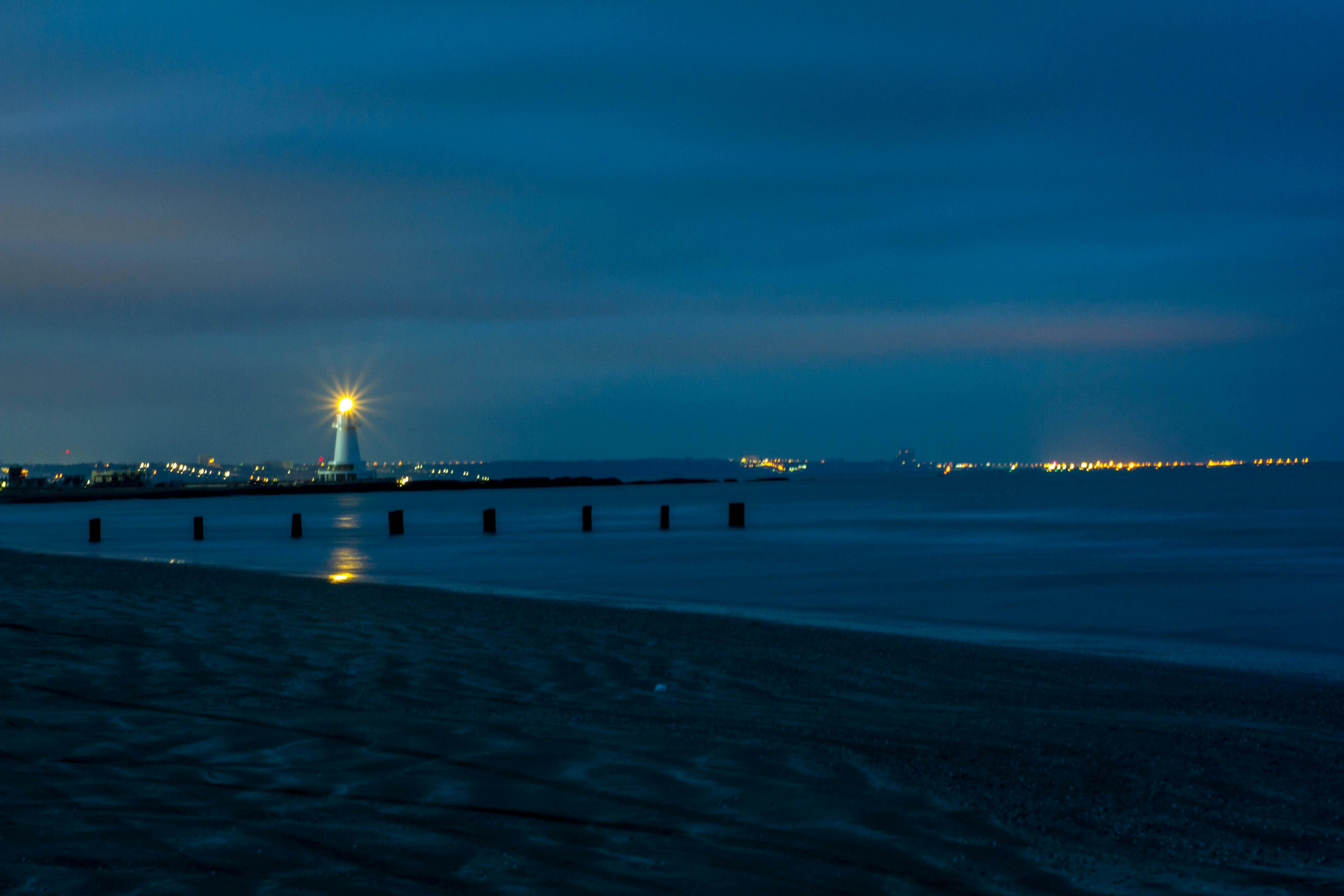 光, 夜, 海の無料の写真素材