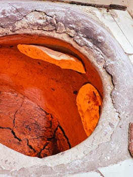 Close-up of a traditional Iranian tandoor oven baking flatbread in Qeshm, Iran.