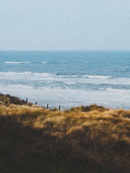 Peaceful coastal scene with ocean waves and sand dunes covered in grasses.