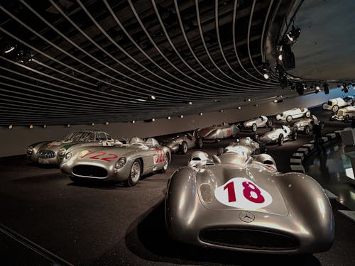 Vintage Race Cars Displayed in Mercedes-Benz Museum in Stuttgart, Germany