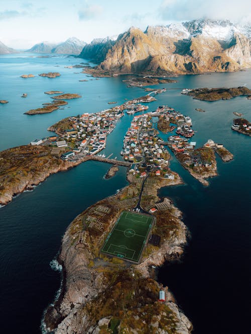 Free Aerial View of the Henningsvaer Stadium on Lofoten Islands in Norway  Stock Photo