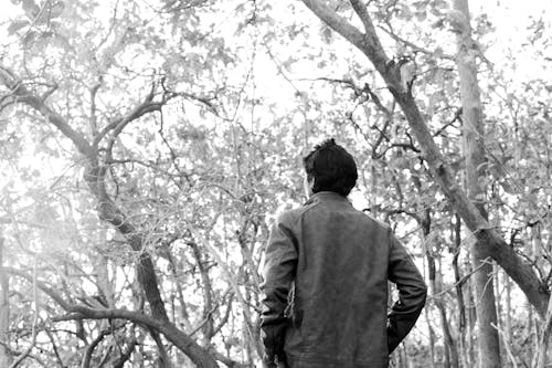 Man in Leather Jacket Standing against Leafless Trees