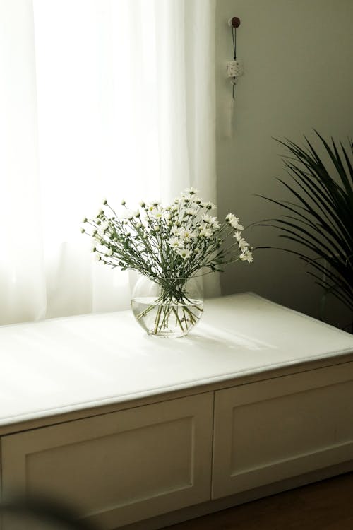 A Bunch of Delicate White Flowers in a Glass Vase 