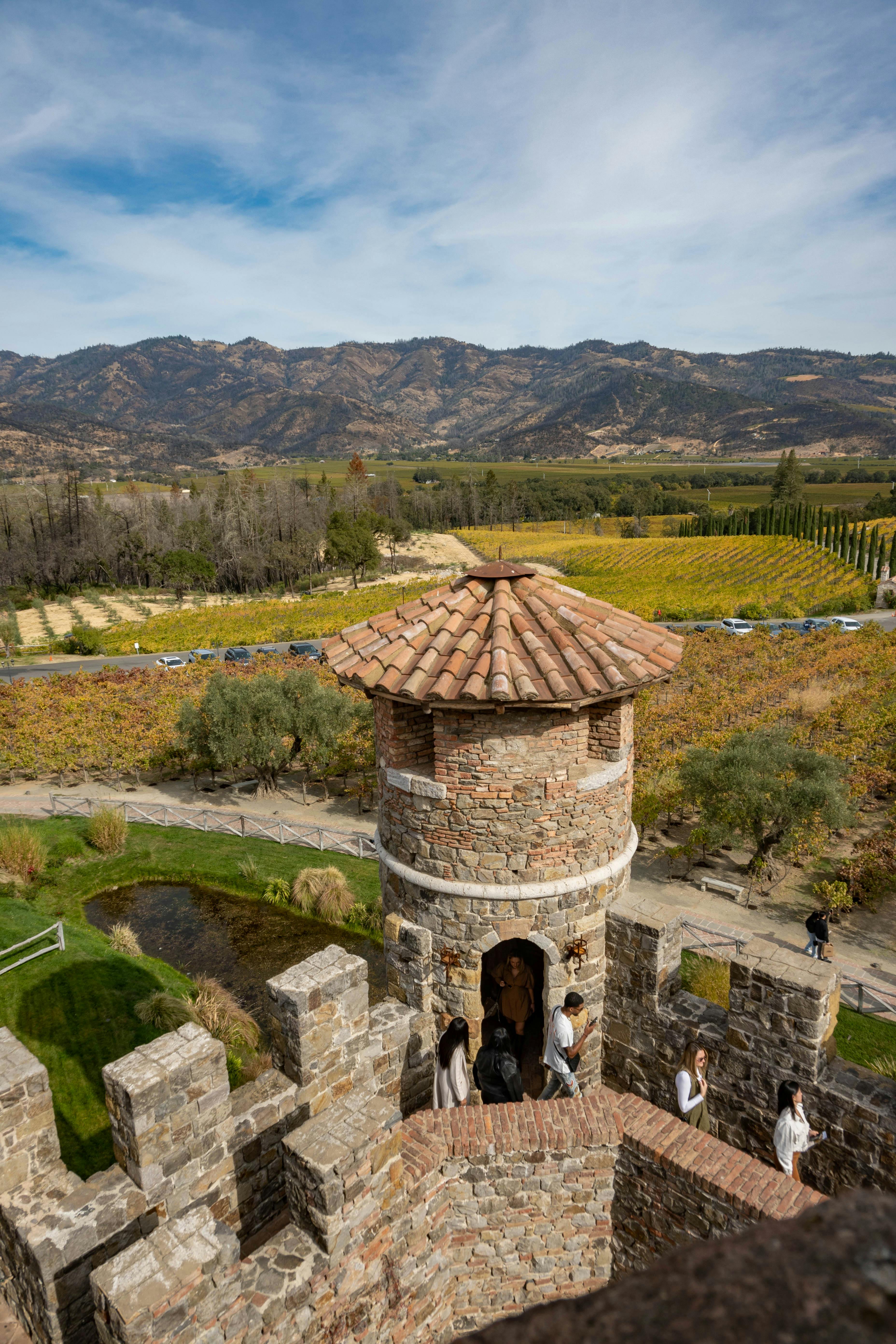 Free Aerial View of the Tower and Landscape Surrounding the Castello di Amorosa in Calistoga, California, USA Stock Photo