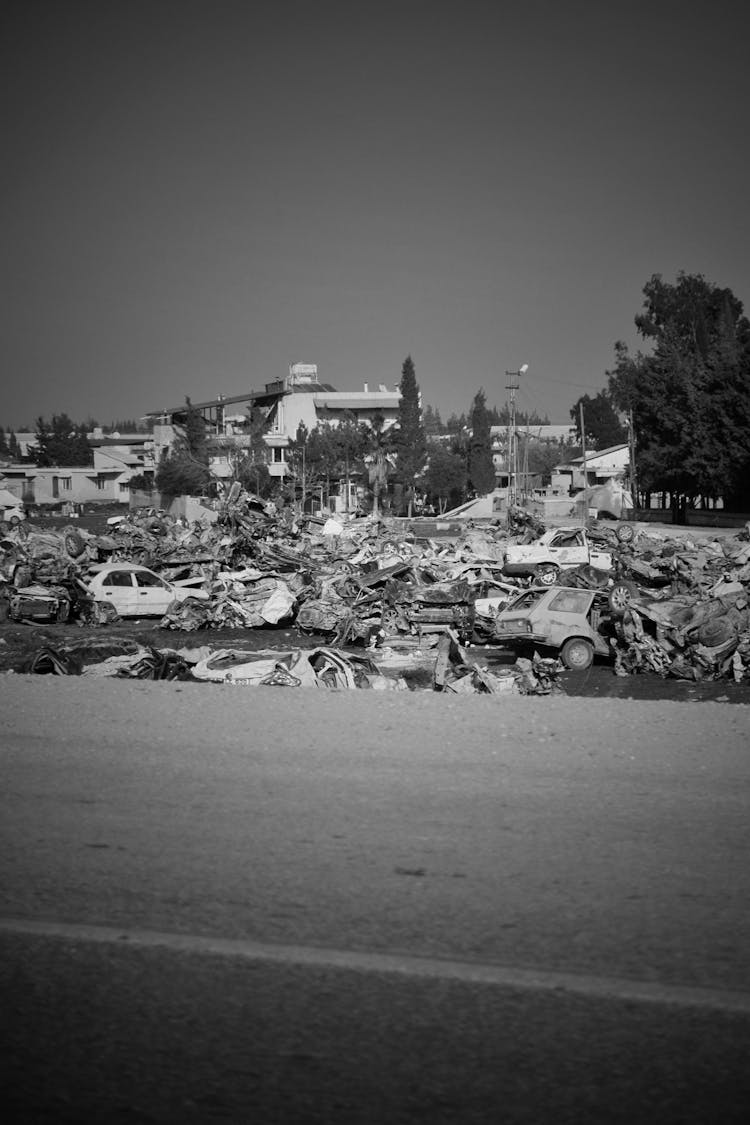 Pile Of Cars Crushed In An Earthquake