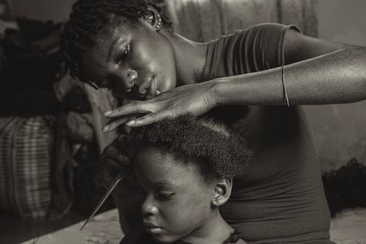 A touching scene of a woman carefully styling a young girl's hair indoors in black and white.
