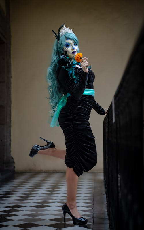 Blue Haired Woman in Costume for Halloween