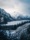 冬季景观特色包括雪山和宁静的湖景