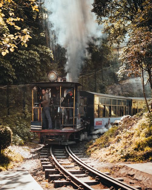 Free A vintage steam locomotive chugs through a lush forest in Darjeeling, India. Stock Photo