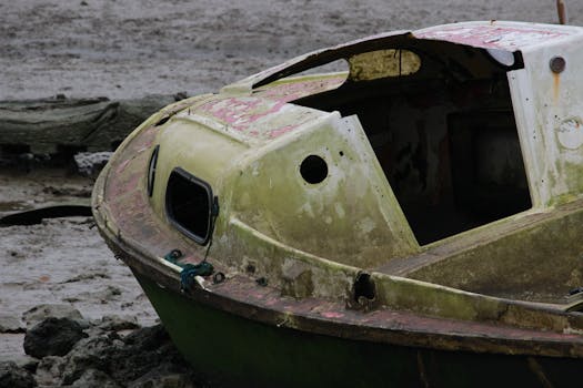 Close-up of an abandoned and decaying boat on a muddy shore, showcasing weathered textures and nature's effects.