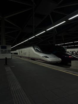 Modern AVE train stationed at an urban platform at night, ready for departure.