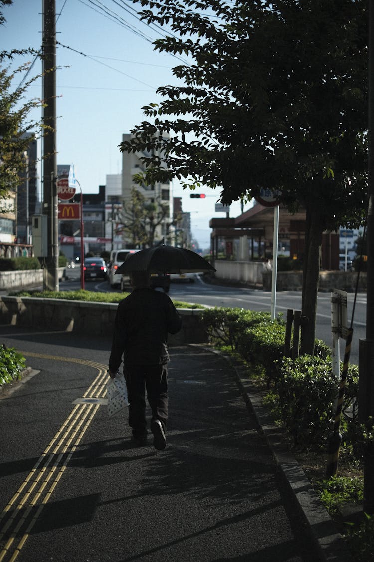 Man Walking With Umbrella On Sidewalk In Town