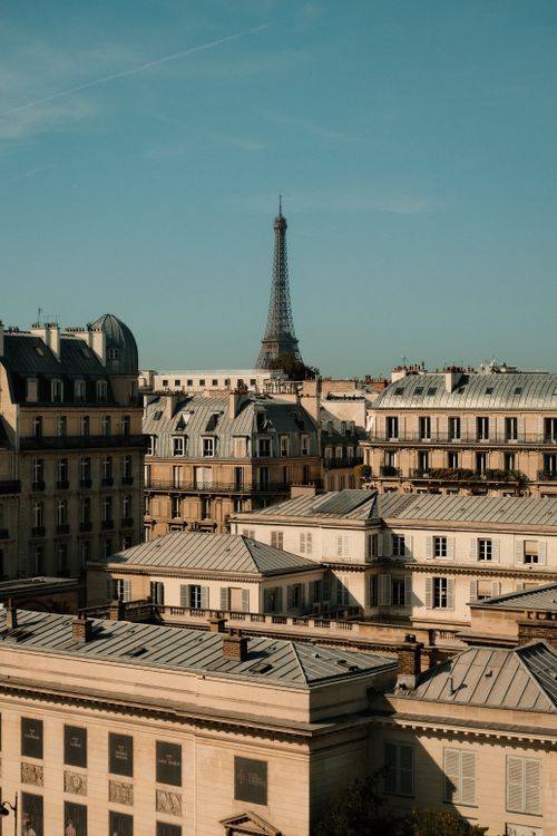 Free Scenic view of the Eiffel Tower and Parisian rooftops under a clear sky. Ideal for travel and architecture themes. Stock Photo