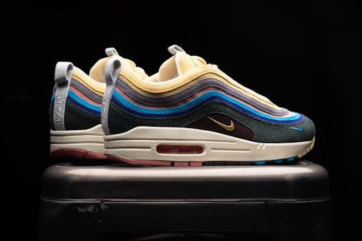 Colorful Nike Air Max 1/97 Sean Wotherspoon sneakers on display, showcasing unique design.