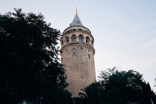 Low Angle Shot of Galata Tower among Trees 