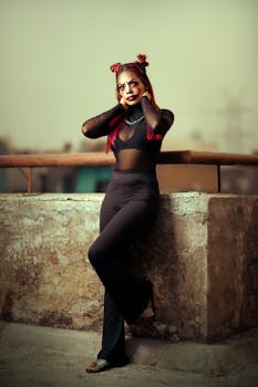 A stylish young woman posing with Halloween makeup on an urban rooftop in Delhi, India.