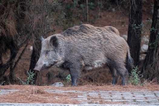 Wild boar walking near forest edge on a forest ground