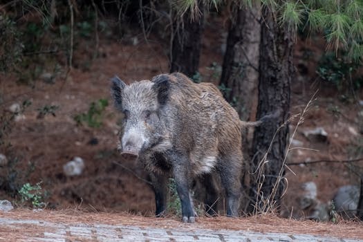 A wild boar standing on forest flooring with trees in the background.