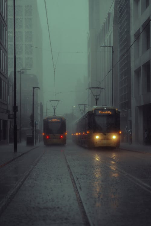 Fotobanka s bezplatnými fotkami na tému dážď, električky, hmla