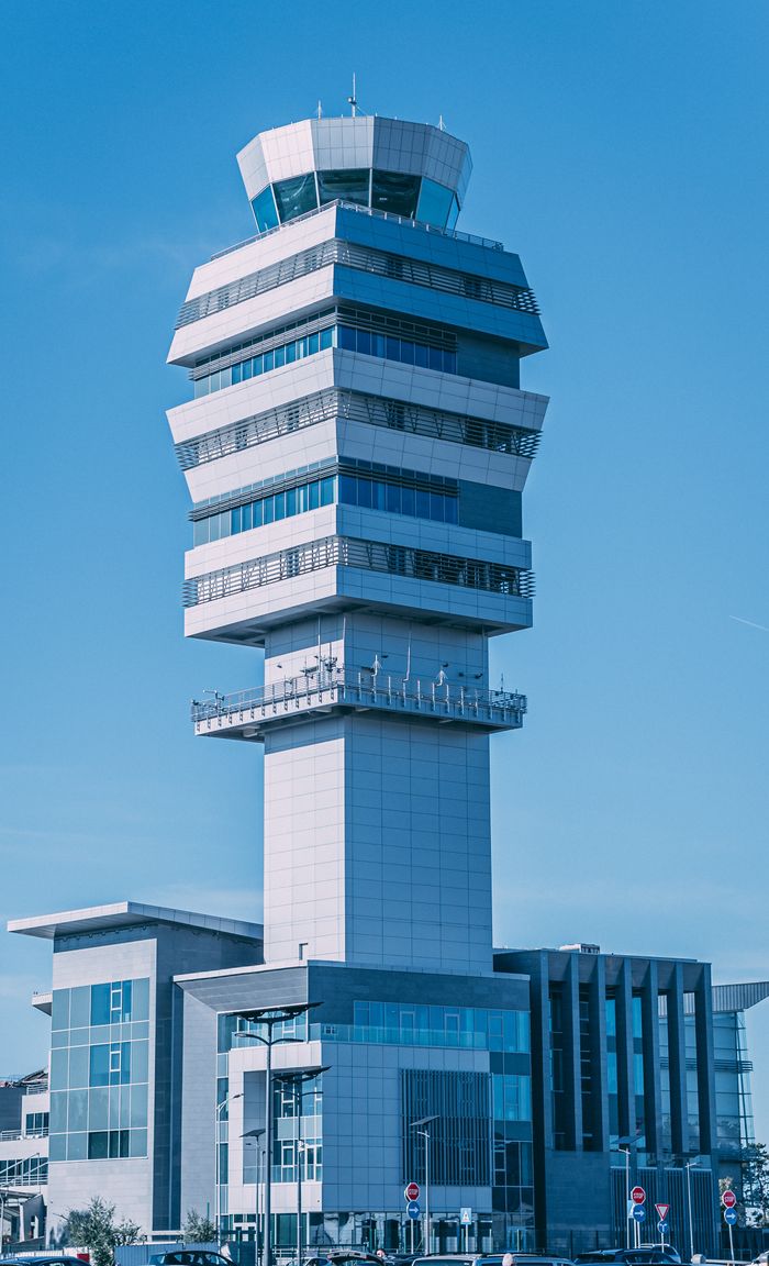Sleek modern air traffic control tower at Belgrade airport