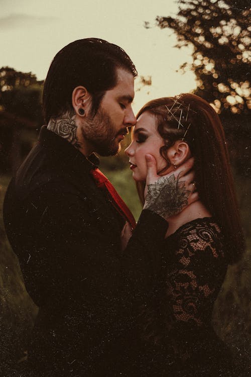 Free Portrait of Kissing Couple on a Field During Sunset  Stock Photo