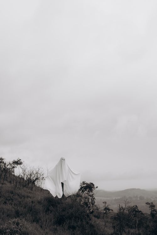 Free A ghost costume figure standing in a misty São Paulo landscape, creating an eerie Halloween atmosphere. Stock Photo