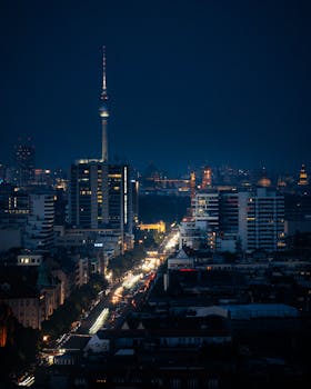 A beautiful aerial view of Berlin's illuminated skyline at night featuring the iconic Fernsehturm.